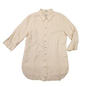 Chico's No-Iron Beige Linen Roll Tab Button Up Shirt Women's size 1 Beach